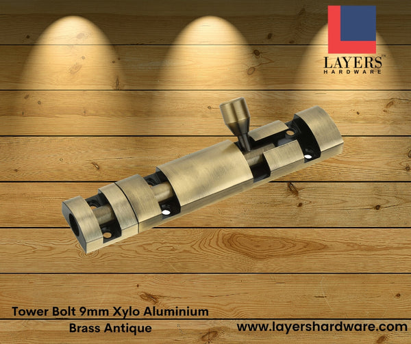 Layers Hardware™ Tower Bolt 9mm Xylo Aluminium Brass Antique